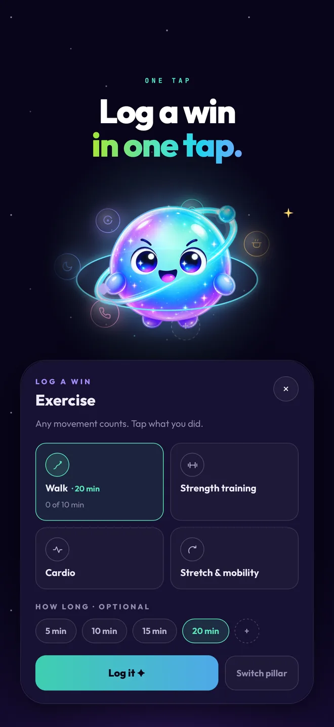 Orbit’s Exercise log with a walk selected and the Log it button